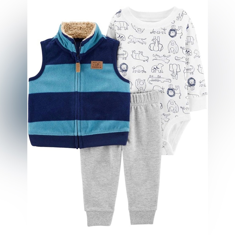 Carter's Baby Boys 3-piece Vest Set - 9M (Blue/Heather/Animal)